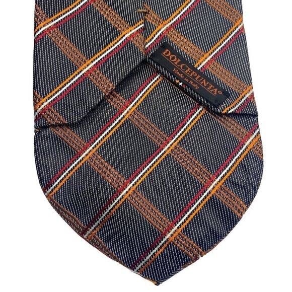 DOLCEPUNTA Mens Silk XL Necktie ITALY Luxury Necktie Brown Check Plaid - Picture 4 of 7